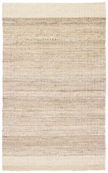 Full top-down view of rectangular jute rug showing even tan and white striped pattern and white bordered edges