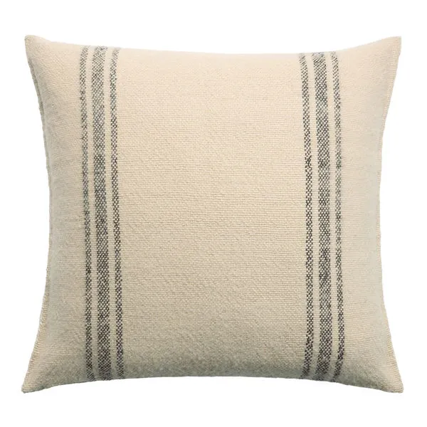 Cream-colored wool pillow with two sets of vertical gray stripes, soft woven texture, square shape