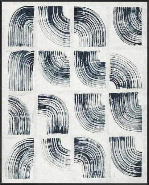 Abstract painting with sixteen rectangular blocks featuring varied curved black and blue brushstrokes on a white background