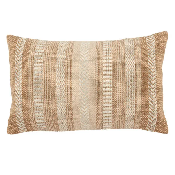 Rectangular lumbar pillow with beige and ivory striped tribal embroidery on textured polyester fabric