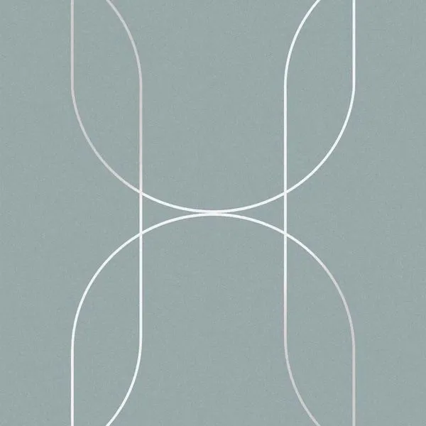 Palais Wallpaper in muted blue with large-scale white and metallic silver geometric curving lines