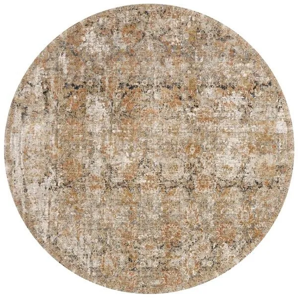 Round Taupe and gold rug with mixed beige, gray, and rust accents, subtle pile height variation, and a vintage-inspired pa...