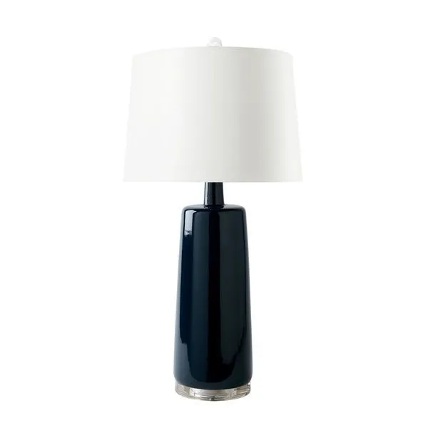 Classic bottle-shaped table lamp in glossy dark blue ceramic with a white fabric drum shade