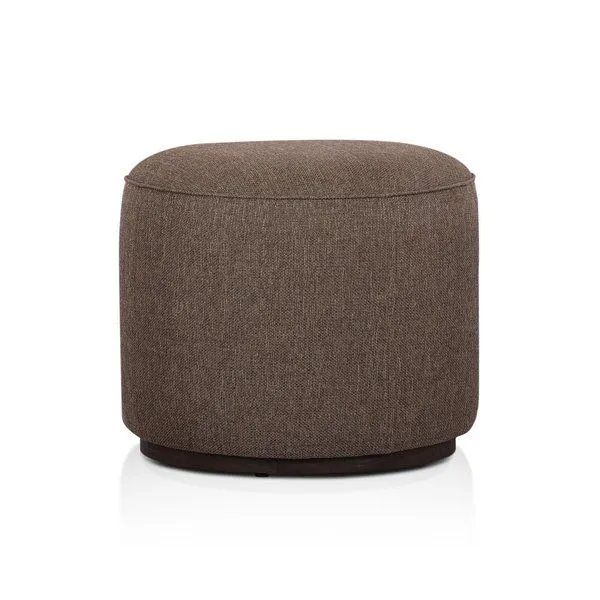 Rounded Sinclair Outdoor Ottoman with weather-resistant brown upholstery and hidden dark wood plinth base