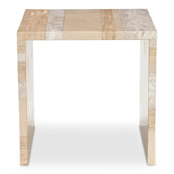 Rosa accent table featuring bold waterfall design in neutral-toned thick marble slabs with varying patterns and shades.
