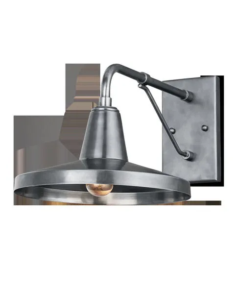 Mariner Silver Outdoor Wall Sconce in antique silver brass finish with wide conical shade and geometric arm design