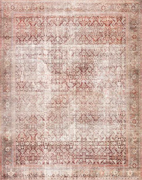Traditional rectangular rug with a muted cinnamon and sage color palette and intricate old-world floral motifs