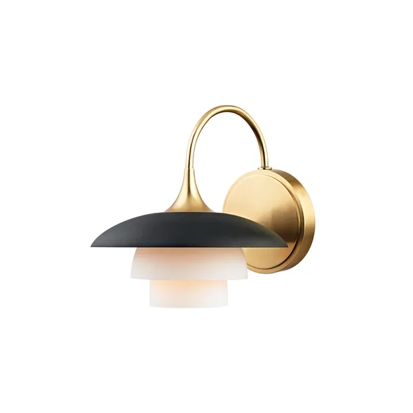 Barron 1 Light Wall Sconce with layered black textured shade, opal-etched diffusers, and brushed gold arm and base