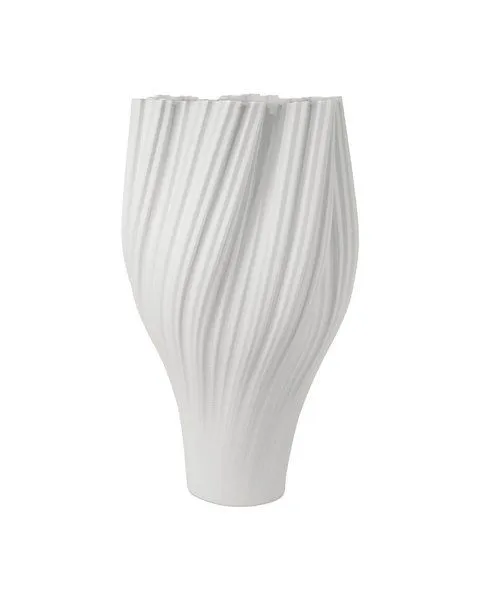 Tall white porcelain vase with an elegant twisted vertical ribbed design and a narrow base widening at the top