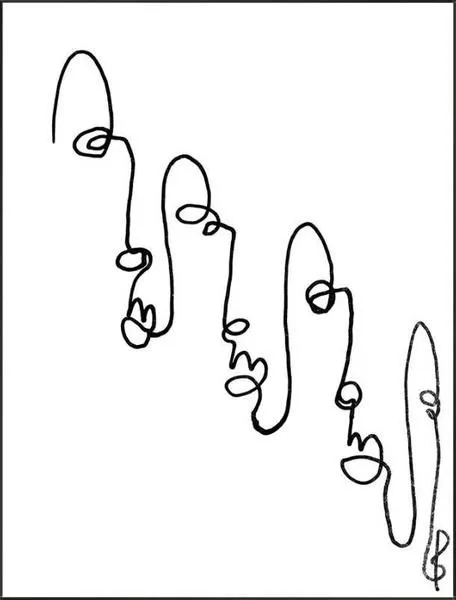 Abstract painting of five interconnected faces created with continuous black flowing lines on a white background