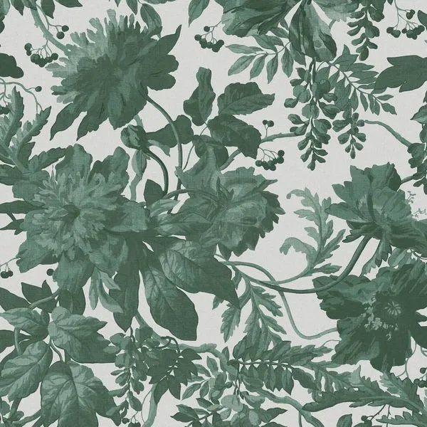 Enzia Emerald wallpaper with large leafy and floral pattern in deep green on a light background