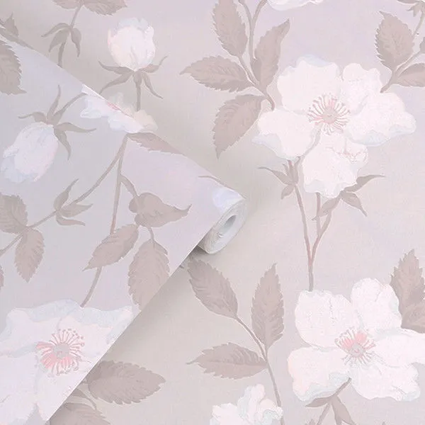 Laura Ashley Fleurir wallpaper roll with textured sugared violet floral pattern on light pink background