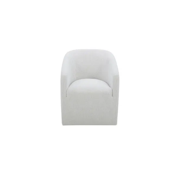 Sandy Rolling Dining Chair with curved back and soft white fabric upholstery, featuring smooth-rolling casters