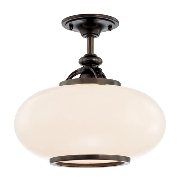 Semi flush ceiling light with oblong opal glass shade and dark metal pipe tubing and cast metal rings