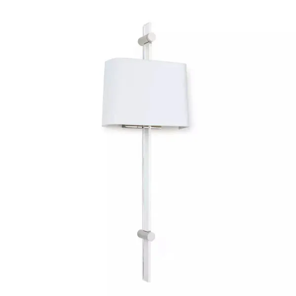 Taurus sconce side view showing curved white shade mounted on acrylic and metal frame