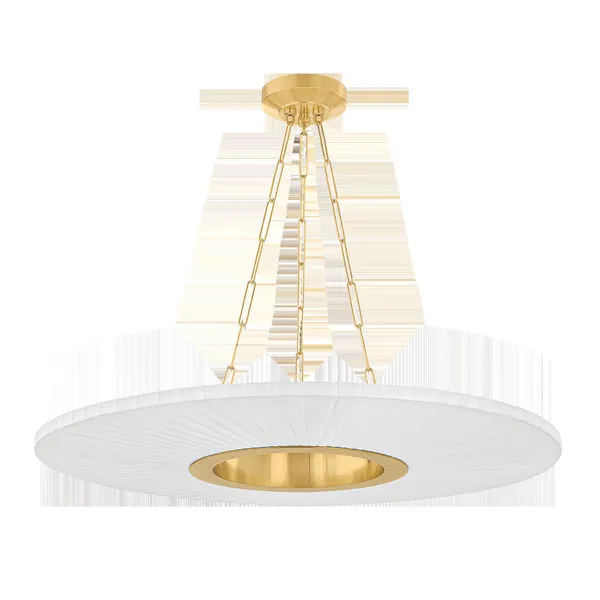 Disc-shaped chandelier with pleated faux silk shade and gold jewelry-like chain suspension