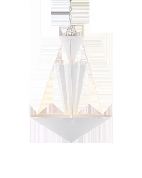 Empyrean Chandelier with white geometric tiers, including a fluted cone middle shade and inverted pyramid base