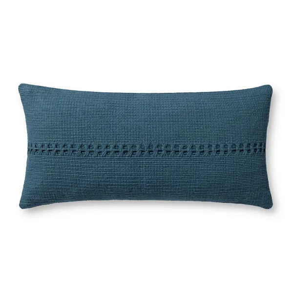 Dusky blue elongated lumbar pillow with textured woven stripe across center, made of 100% cotton
