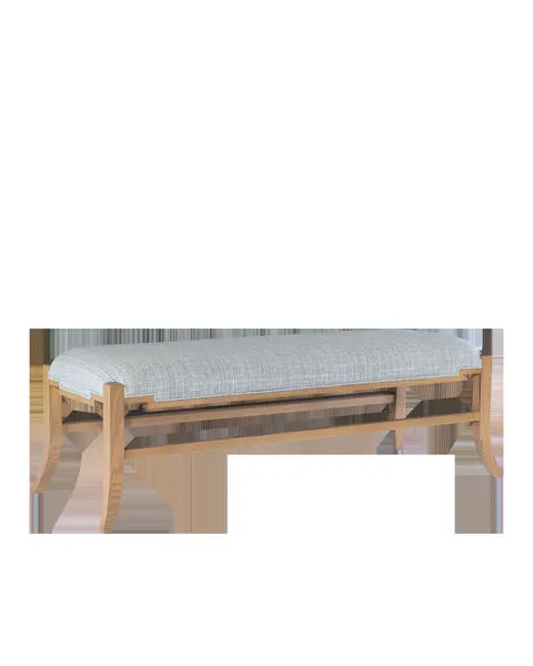 Melanie Blonde Bench with blonde ash wood frame, slanting legs, stepped seat detail, and greenlight upholstery