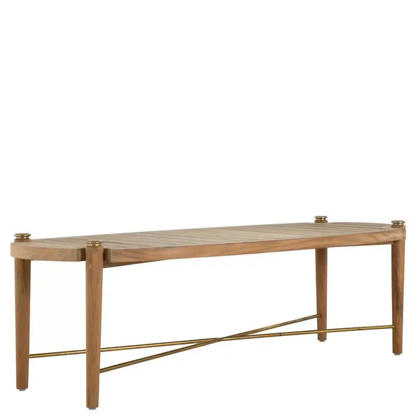 Rectangular outdoor coffee table in natural teak with slatted top and tapered legs connected by brass crossbars