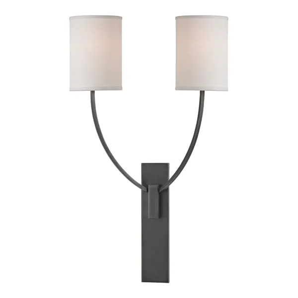 Colton 2 Light Wall Sconce with two upward curved arms and white cylindrical shades on a rectangular dark metal backplate