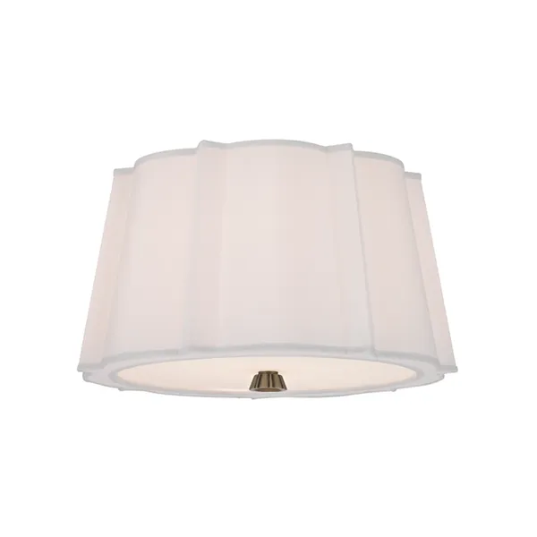 Humphrey 2 light semi flush ceiling lamp with soft white fabric shade featuring alternating wide and narrow panels and met...