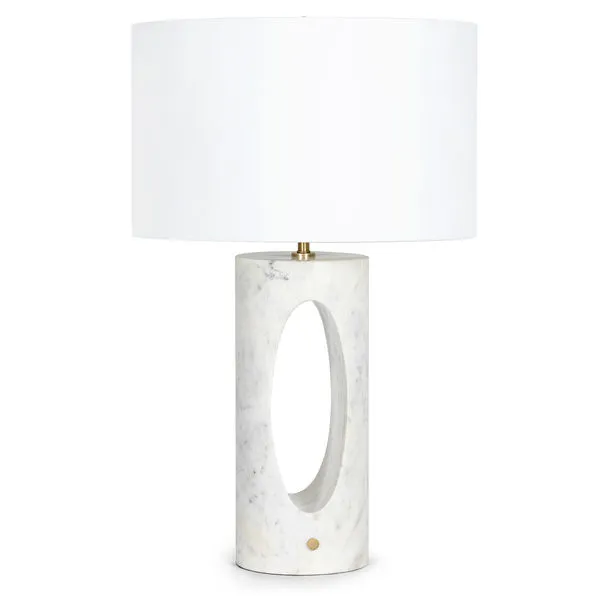 Portia Marble Table Lamp with white marble base featuring lavender veining, oval cutout, brass knob, and natural linen shade