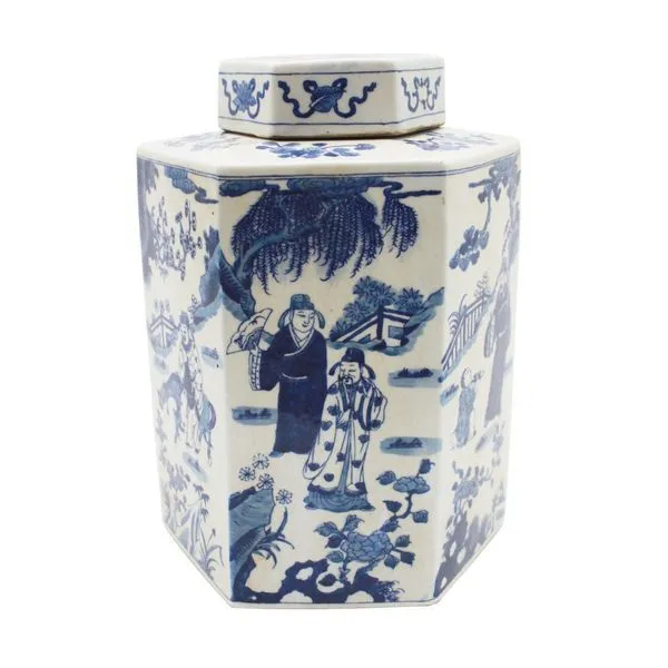 Product Image 1 for Blue & White Hex Tea Jar Ancient People from Legend of Asia