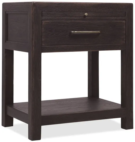 Driftwood One-Drawer Nightstand in Burnt Timber with a self-closing drawer, pull-out shelf, fixed bottom shelf, and dark w...