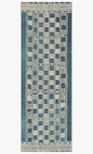 long narrow runner view of Mika Blue Ivory Rug with same abstract tribal-inspired checkered design
