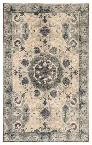 Straight flatlay of rug highlighting full medallion pattern and border in gray and blue