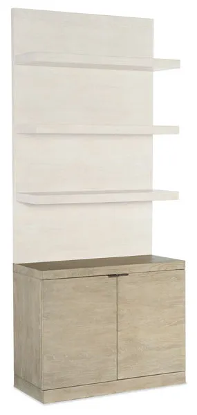 Cascade Bookcase Base in soft taupe Terrain finish oak veneer with champagne tab hardware, two-door cabinet base beneath w...
