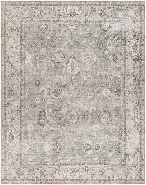 Davina Taupe Gray area rug with intricate floral and geometric patterns in muted tones, machine woven