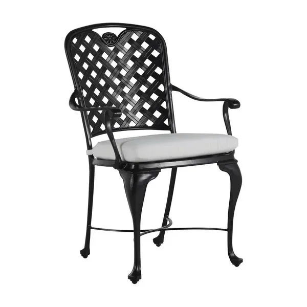 Provance Ancient Earth Aluminum Arm Chair with double lattice back, scooped design and white cushioned seat