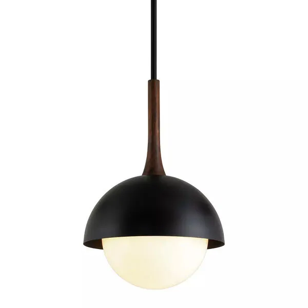 Black matte dome pendant light with a white frosted glass globe and a wooden accent on the stem