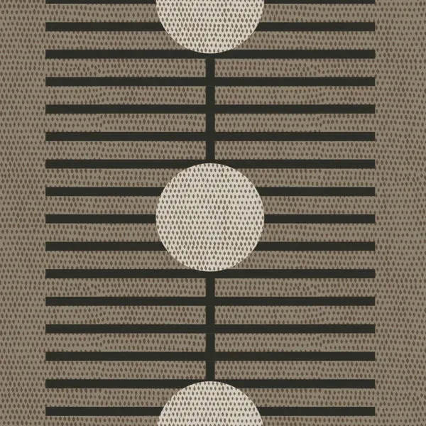 Matte wallpaper with mocha background, vertical black stripes, and large textured beige circles