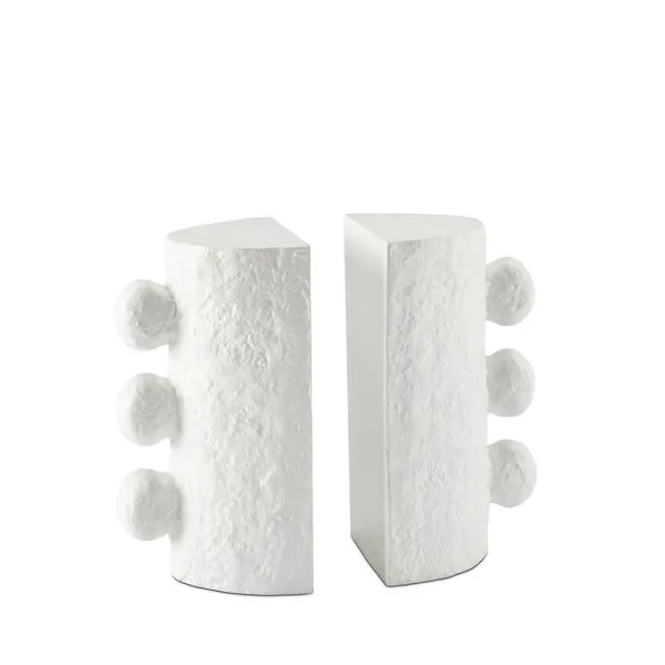 White cast metal Sanya Bookend Set with paper mache-inspired textured finish and three rounded protrusions on each.