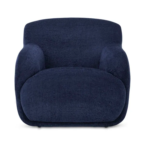 Stevie Lounge Chair in navy blue fabric with high back, rounded arms, and spacious cushion seating
