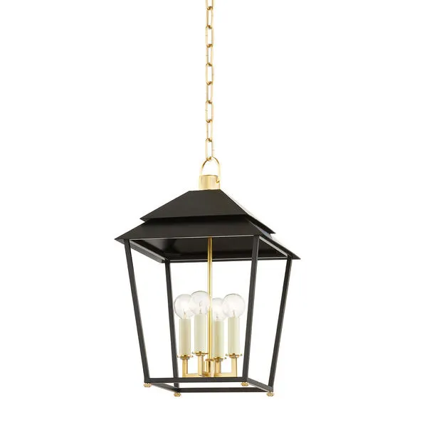 Natick 4-light small aged brass lantern pendant with black frame and clear globe bulbs