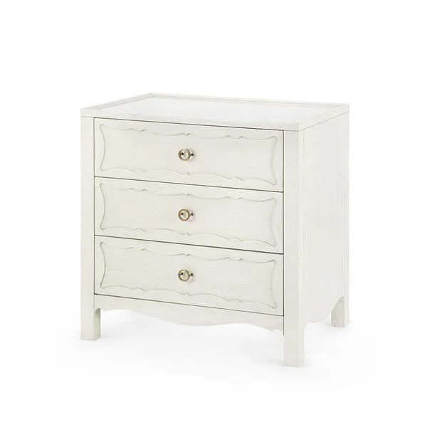 Sara 3-Drawer End Table in a light sailcloth sheen finish with decorative drawer fronts and round metal pulls