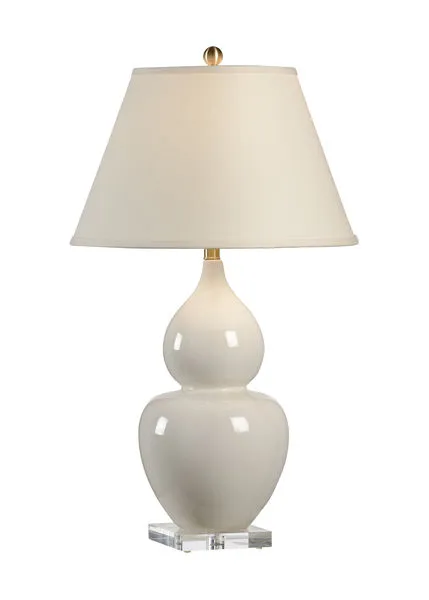 Fulton Vase Lamp in cream crackle glaze ceramic with double gourd shape, clear acrylic base, and eggshell shade