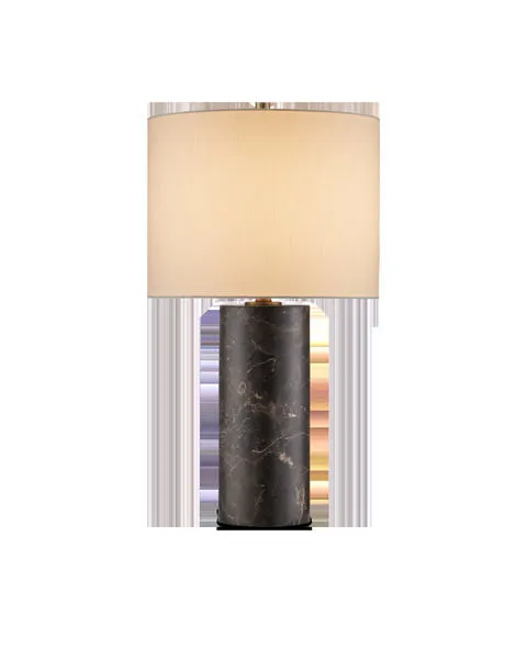 Vespera Brown Table Lamp with tall swirling marble column base in coffee brown and beige veining, beige fabric drum shade