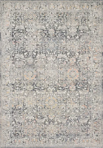 Lucia Grey / Mist vintage style rug with intricate floral motifs and a high/low pile in muted grey, blue, and beige tones