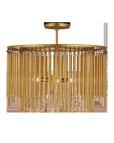 Mantra Semi-Flush Mount ceiling light with two tiers of long gold leaf metal tentacles hanging from circular frame