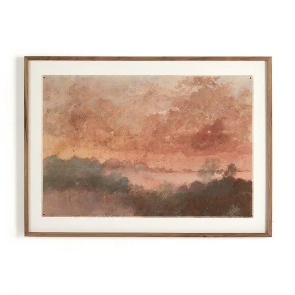 Atmospheric Texas Hill Country landscape painting with muted pinks and greens in a simple wooden frame