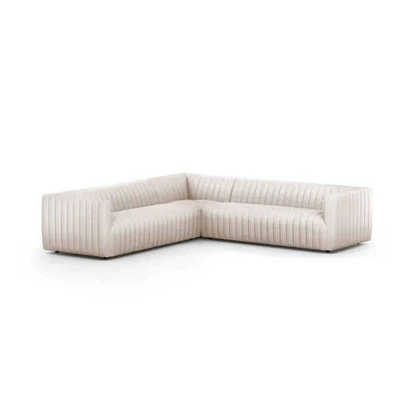 White linen-blend 3-piece L-shaped sectional sofa with dramatic channel tufting and low-profile arms