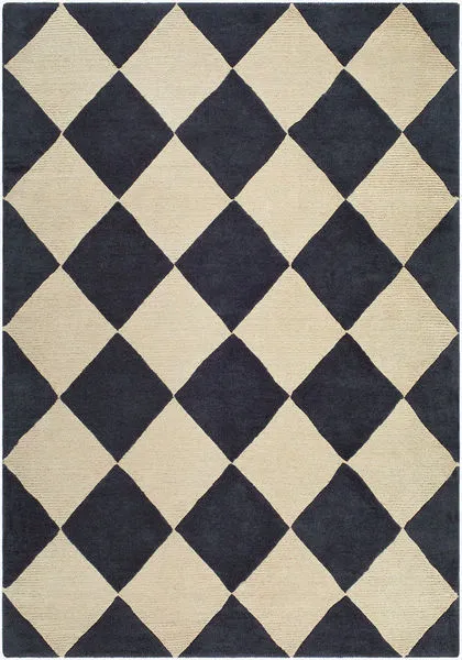 Handmade wool rug with an Art Deco-inspired charcoal and beige geometric diamond pattern, medium pile