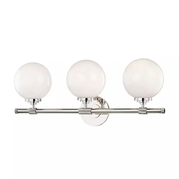 Three-light bath bracket in polished nickel with round opal glass shades and ridged metal accents
