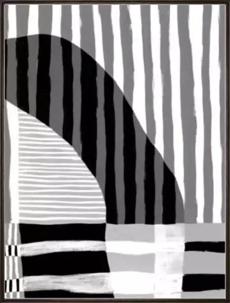 Abstract painting with black and white contrasting stripes and geometric shapes forming an optical illusion