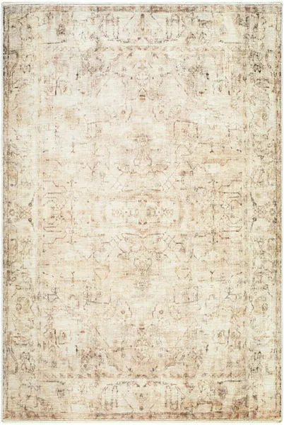 Light beige and olive vintage style machine woven rug with distressed floral pattern and soft polyester pile